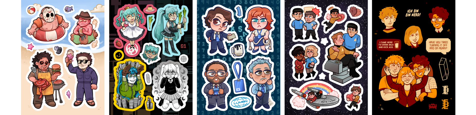 Sticker sheets - Slashers, Hatsune Miku, Severance, Star Trek, IT Crowd