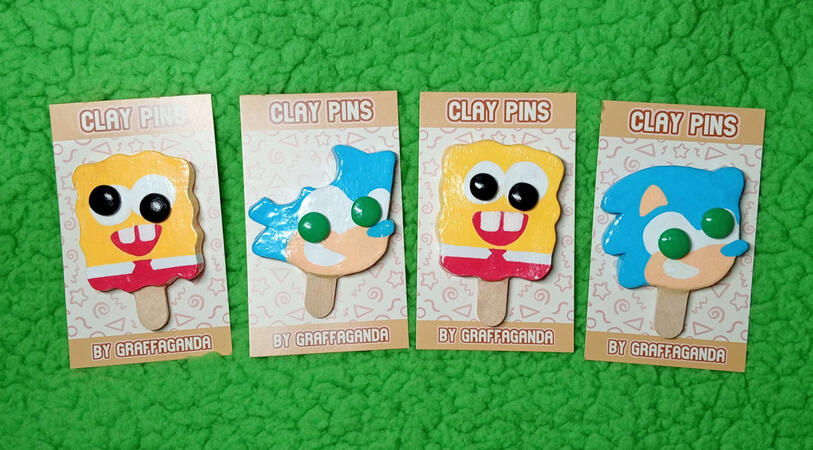 Clay pins - Melting Spongebob / Sonic ice creams